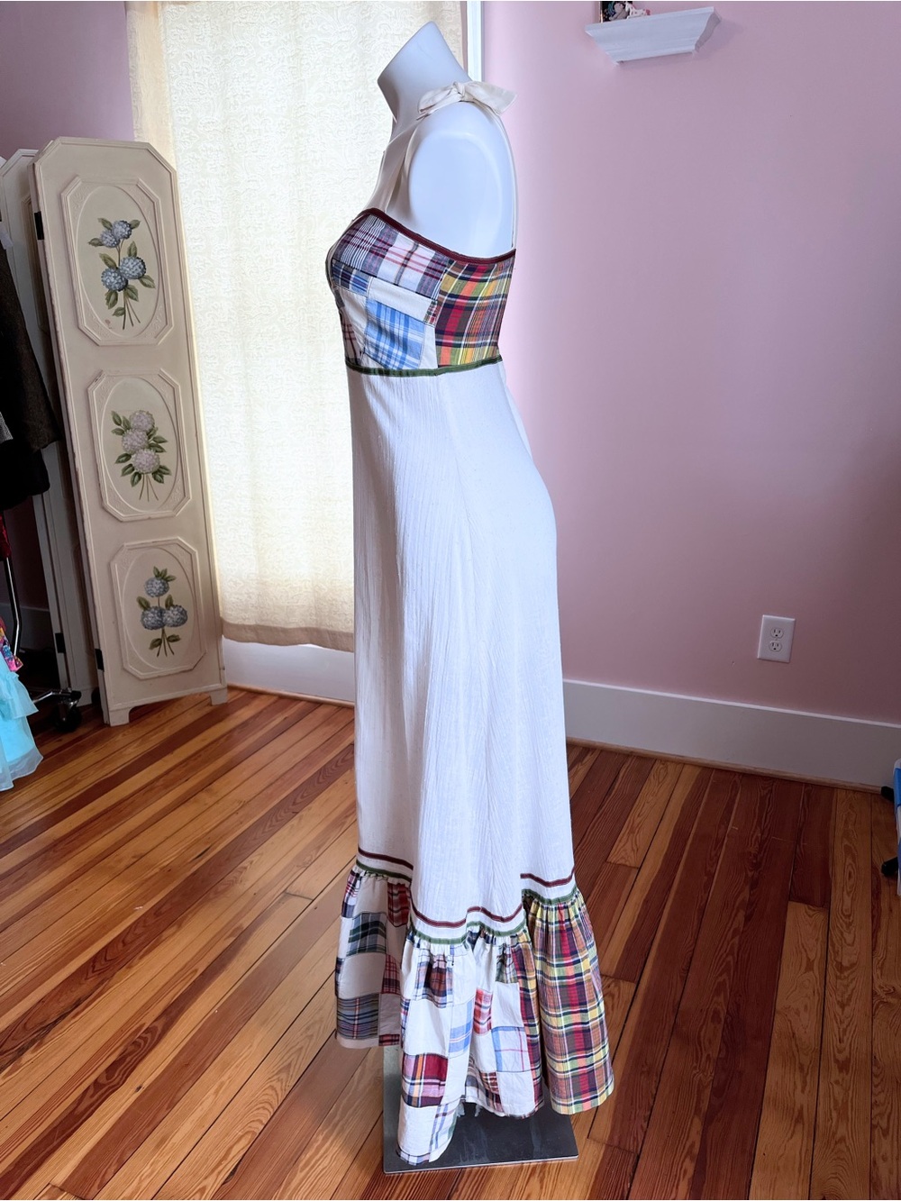 70s Cotton Patchwork Maxi dress with shawl - Picture 3 of 11